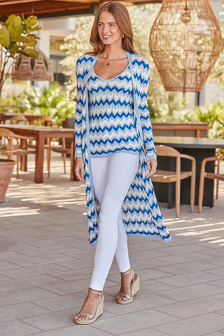 Blue Metallic Chevron Print Longline Cardigan