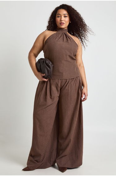 Plus Pleated Wide Leg Peached Stripe Trouser - chocolate