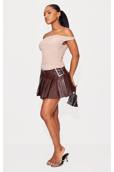 Rust Faux Leather Belt Pleated Mini Skirt