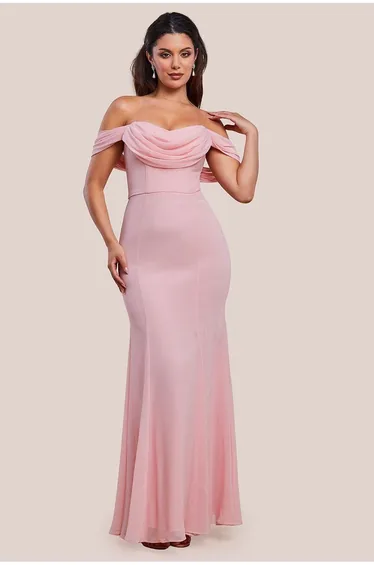 Goddiva Chiffon Bardot Cowl Neck Maxi Dress
