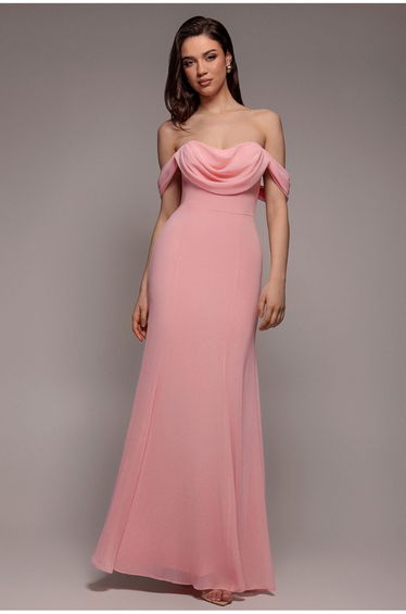 Goddiva Chiffon Bardot Cowl Neck Maxi Dress