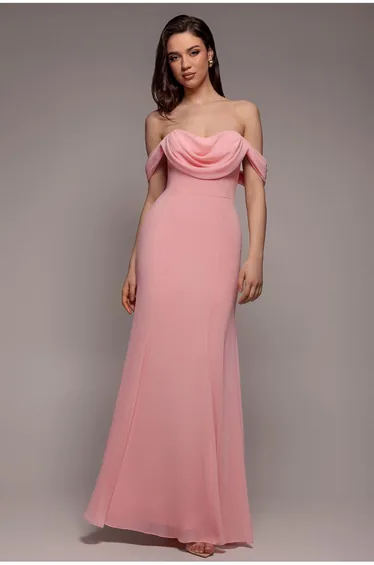Goddiva Chiffon Bardot Cowl Neck Maxi Dress