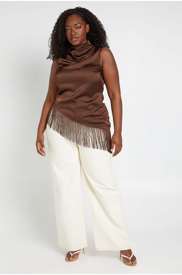Plus High Neck Ruched Tassel Top - chocolate