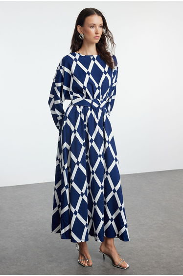 Navy Blue Patterned Belt Detailed Crinkle Woven Dress