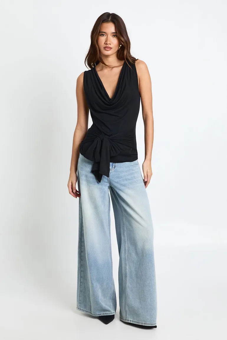 Cowl Neck Tie Waist Sleeveless Top - black