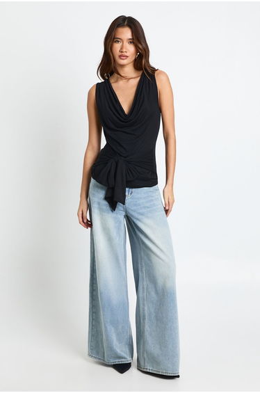 Cowl Neck Tie Waist Sleeveless Top - black