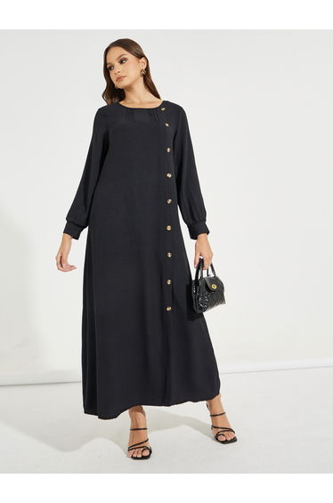 Round Neck Button Detail A-Line Maxi Dress