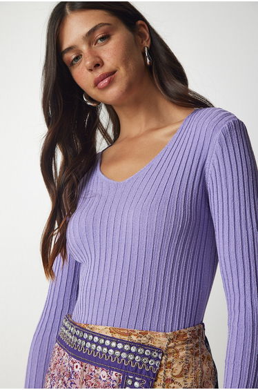 Knitted V-Neck Purple Blouse