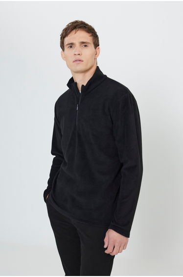 Anti-Pilling Non-Pilling Standard Fit Bato Collar Cold-Proof Men's Black Sweatshirt Fleece