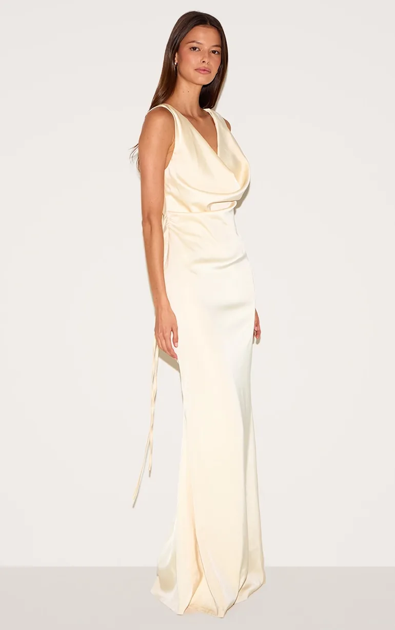Lemon Bridesmaid Satin Cowl Neck Maxi Dress - 2