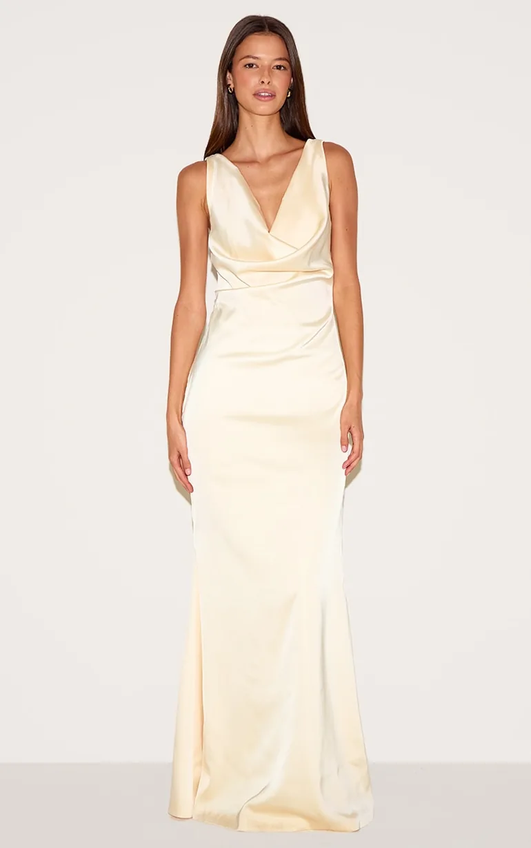 Lemon Bridesmaid Satin Cowl Neck Maxi Dress