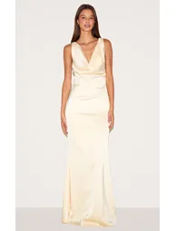 Lemon Bridesmaid Satin Cowl Neck Maxi Dress