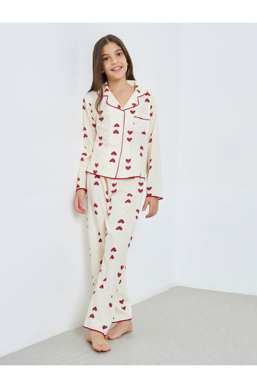 Teen Girls Heart Print Shirt and Pyjama Set