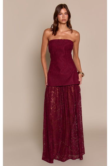 Purple Lace Sheer Skirt Panel Bandeau Midaxi Dress