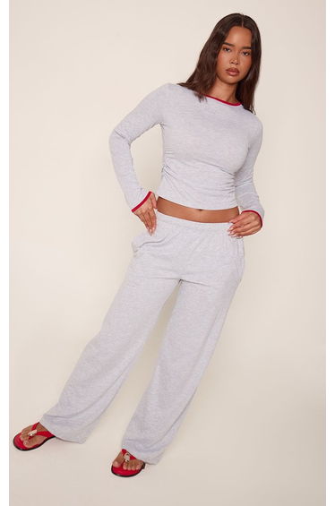 Grey Marl Cotton Contrast Cuff Long Sleeve Top