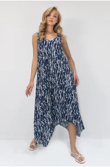 Women's Navy Blue Asymmetric Cut Strappy Ring Detailed Comfortable Pattern Woven Viscose Dress