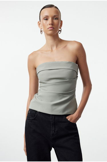 Light Khaki Strapless Fitted Draped Woven Blouse