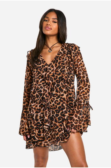 Leopard Ruffle Shift Dress - brown