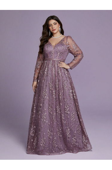 Leely Plus Women's Elegant V Neck Long Sleeve Party Dresses