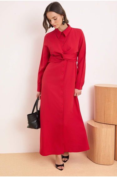 Red Unlined Plain Woven Terrycotton Hijab Dress