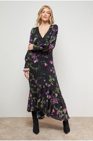 Printed Lace Trim Detail High Low Hem Midi Dress