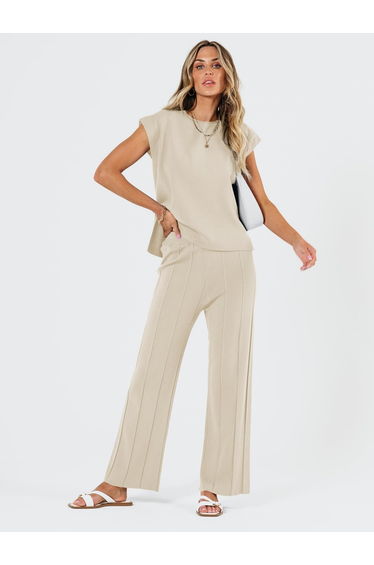 Women Beige Sleeveless Top and Wide Leg Pants Co-Ords