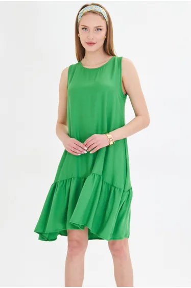 Women's Grass Green Sleeveless Skirt with FRILLAGE DRESS