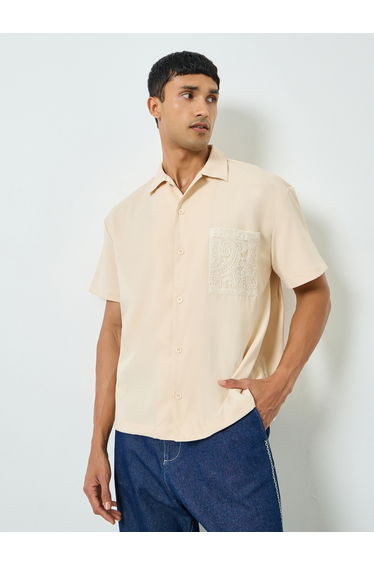 Men Cream Shirt with Crochet Pocket Detail