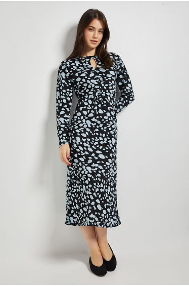 Animal Knot Waist Long Sleeve Midi Dress