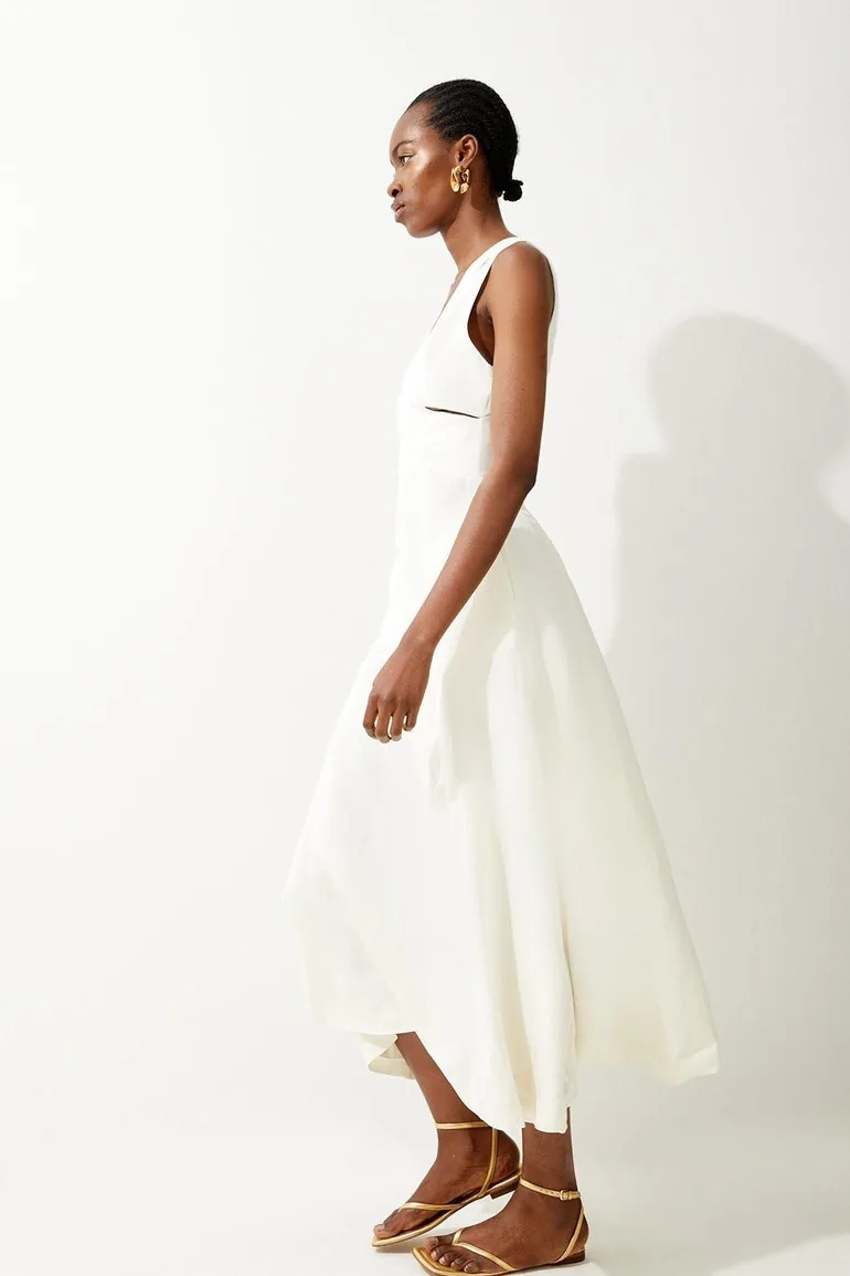 Open Back V Neck Woven Midi Dress - 2