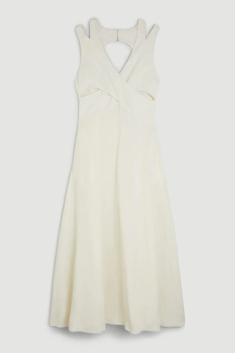 Open Back V Neck Woven Midi Dress - 3