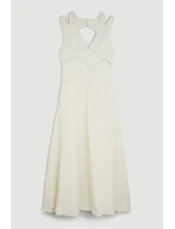 Open Back V Neck Woven Midi Dress - 3