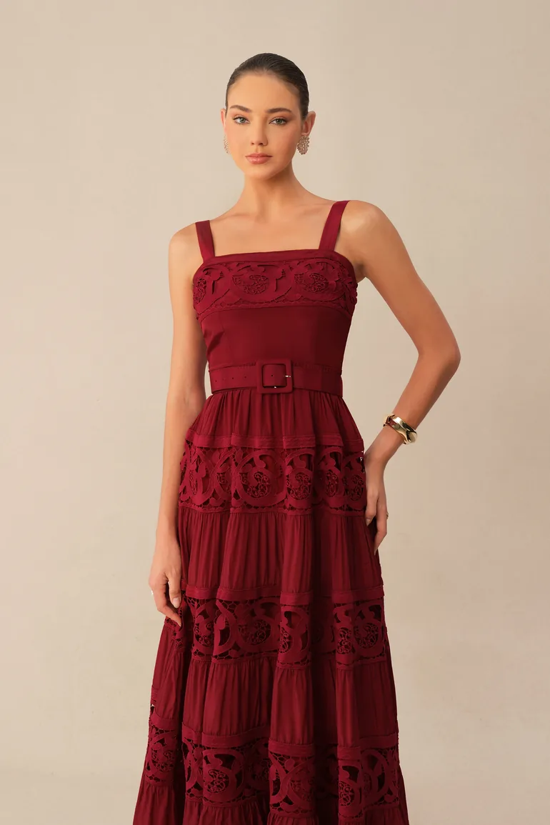 Stay Awhile Burgundy Square Neck Lace Embroidery Maxi Dress - 5