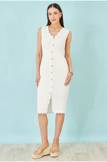 Yumi Ivory Cotton Scallop Crochet Knitted Dress
