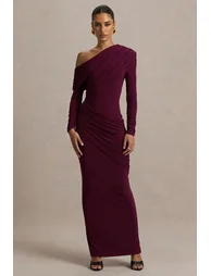 Perrie | Burgundy Asymmetric-Neck Maxi Dress With Ruched Detailing - 4