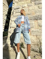 قميص جاكيت نسائي قطن و كشمير كاروهات بتصميم واسع بطبعة منقشة لون أزرق لون بيج  - 3