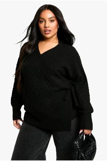 Plus Soft Cable Knitted Wrap Cardigan - black