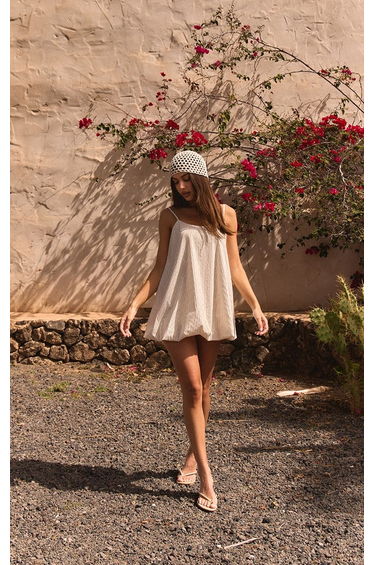 Cream Striped Strappy Puffball Dress