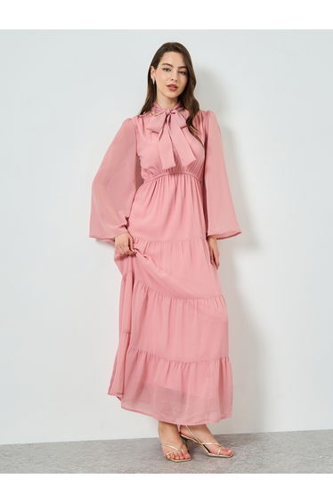 Women Pink Tiered Maxi Dress with Tie-Up Neck