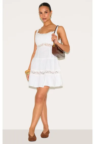 Petite White Tiered Mini Dress With Lace Details