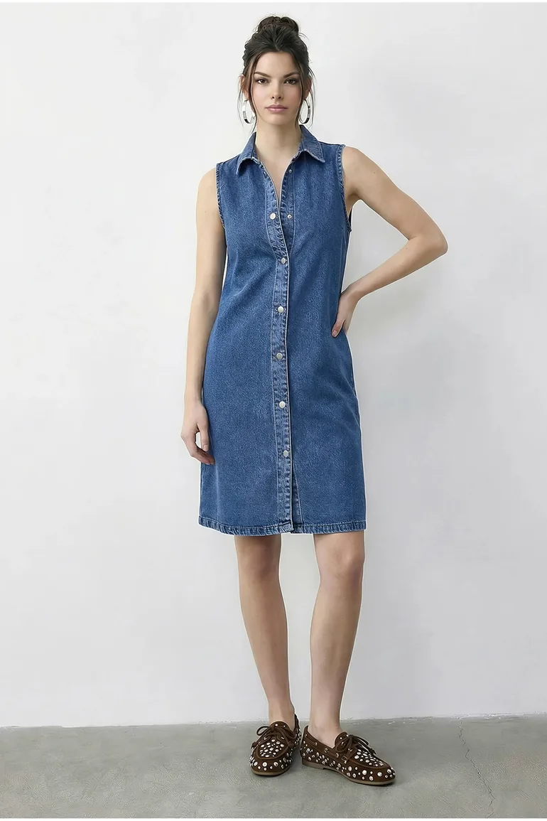 LUCCI Mini Denim Dress with Shirt Collar and Pocket - 2