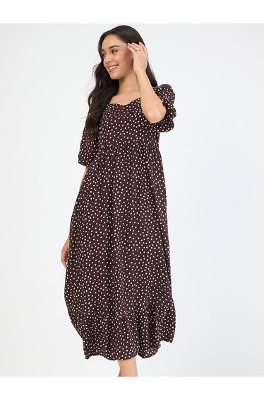 Women Brown Polka Sweetheart Neckline Maxi Dress