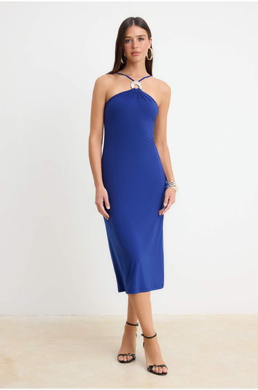 Saks A-Line/A Bell Form Halter Neck Sleeveless Accessory Detailed Stretch Knitted Dress