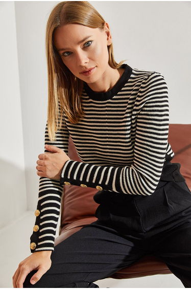 Women's Striped Knitwear Sweater with Buttons
