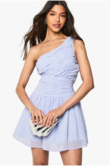 Chiffon One Shoulder Ruched Mini Dress