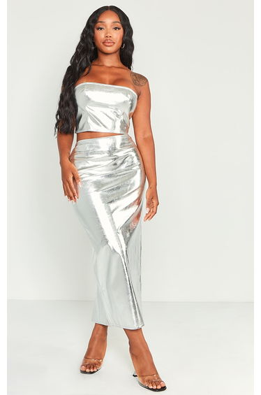 Silver Column Maxi Skirt with Slit
