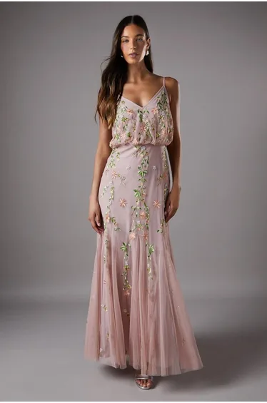 Embroidered Maxi Dress With Godet Detail