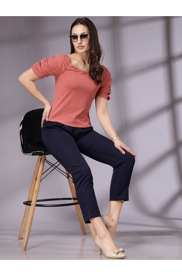 Women Navy Blue Slim Fit Solid Pants