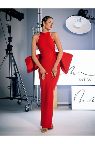 Milada Bow Bandage Split Dress In Red