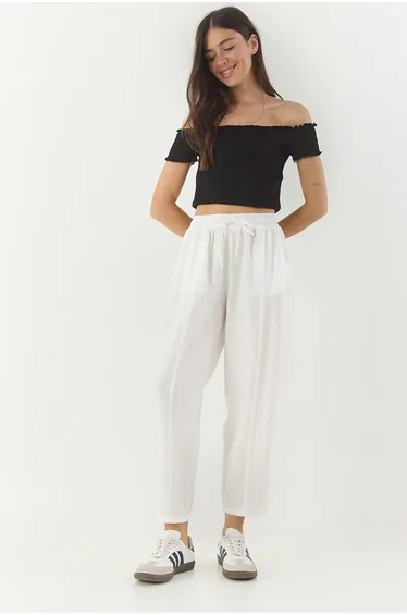 LUCCI Wide Leg Textured Pants with Drawstring and Pockets